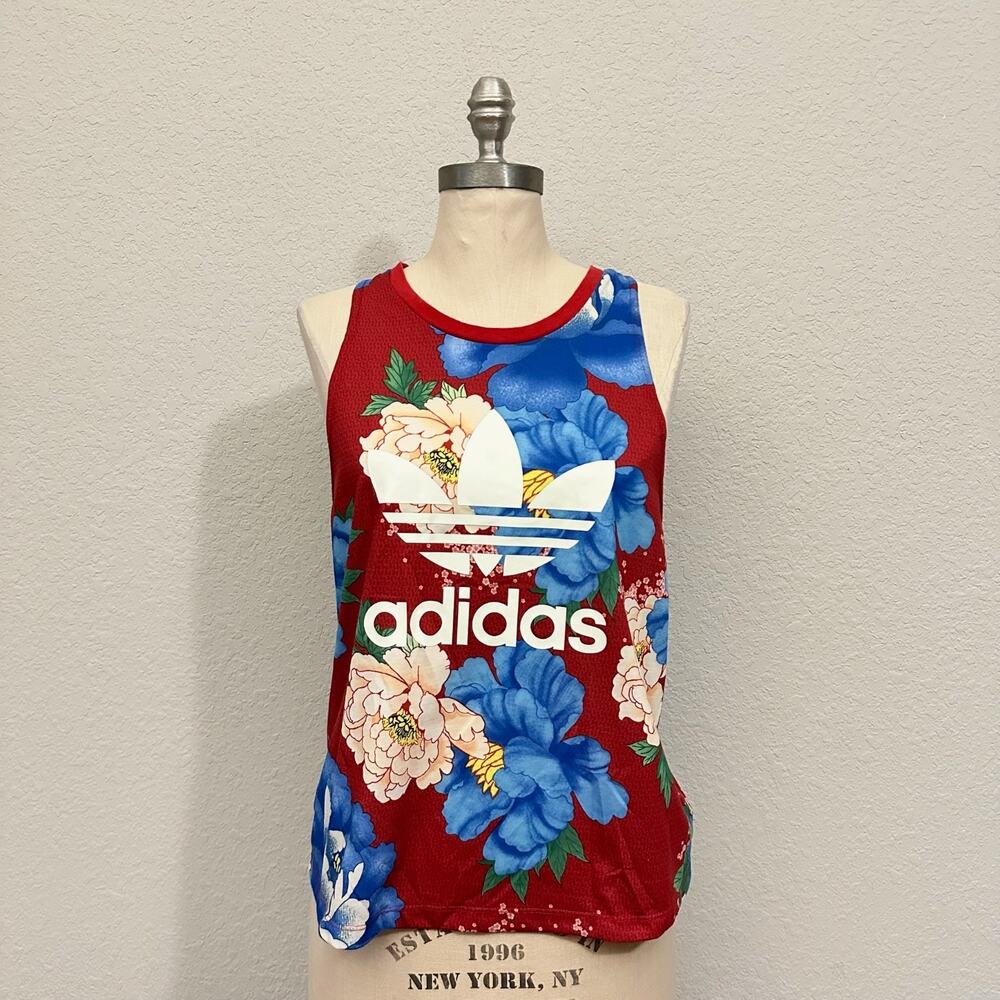 ADIDAS Chita Tank Top Red Blue Floral Trefoil Racerback Activewear